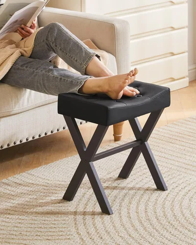 Vista 5 de IBUYKE Taburete de tocador de PU en forma de U, silla cuadrada de maquillaje con patas en X, taburete reposapiés otomano, multiusos como mesa Negro