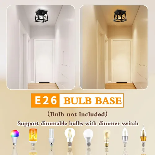 Vista 4 de 1 Light Black Industrial Flush Mount Ceiling Light Fixture - Square Farmhouse Caged Ceiling Light for Closet Kitchen Hallway Porch, E26, Dimmable