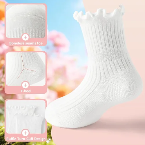 Vista 4 de JAKIDAR Calcetines con volantes para bebés y niñas, 6 pares de calcetines de algodón suave con volantes para bebés y niñas
