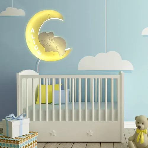Vista 4 de Luz nocturna personalizada para niños, niñas, niños, lindo diseño de elefante y luna, con nombre grabado, lámpara de pared acrílica, regalos