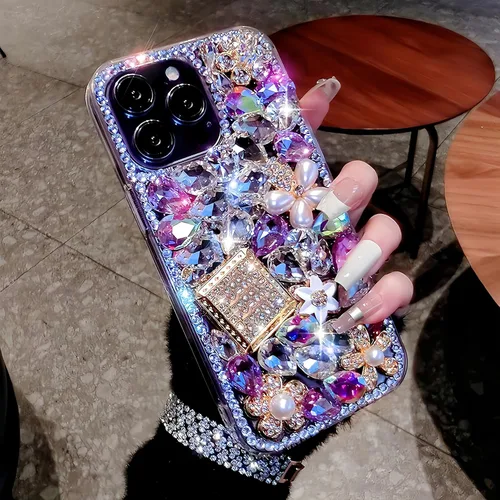Vista 2 de Compatible con iPhone 6/6S/7/8 Bling Glitter Case Luxury Cute Sparkle Rhinestone Diamond Femenino Funda protectora para mujeres y niñas, color morado