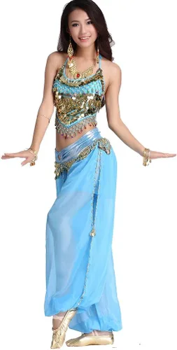 Vista 8 de Traje para danza árabe ZLTdream para mujeres, de chifón, top venda y pantalones anchos con monedas
