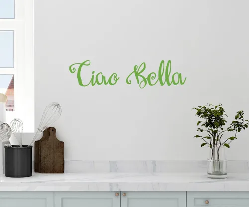Vista 12 de Adhesivo decorativo de pared de 24 x 5 pulgadas, diseño de Ciao Bella Hello Goodbye Beautiful Italian Saying Kitchen Family
