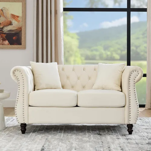 Vista 8 de Juego de Sofá Combinado de Terciopelo Chesterfield de 2 Piezas para Sala de Estar, Sofá de 3 Plazas y Loveseat con Tapizado Capitoné con 4