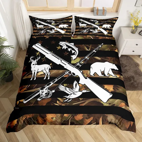 Vista 21 de Funda de edredón de cabaña marrón retro, juego de ropa de cama de retazos con diseño de oso del bosque, ciervos para cabaña rústica, funda de Multi
