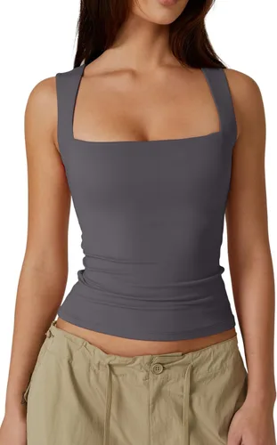 Vista 16 de QINSEN Camisetas básicas ajustadas de doble capa con cuello cuadrado para mujer Castaño