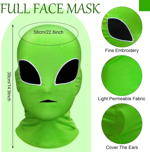 Vista 2 de Juego de guantes de disfraz de alienígena unisex de Halloween, máscara de cara completa, guantes clásicos largos de elastano, accesorios de disfraz