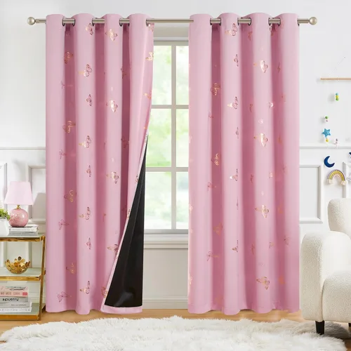 Vista 9 de Jubilantex - Cortinas opacas con diseño de mariposa dorada, 80 % rosa bebé Cortinas opacas 80% rosa lavanda/rosa bebé, estampado de mariposa