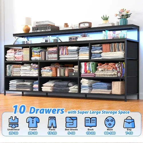 Vista 4 de EnHomee - Cómoda negra de 55 pulgadas de ancho para dormitorio con 10 cajones, LED y tomas de corriente Two Open Shelves for Easy Access, Large