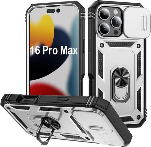 Vista 44 de PASNEW Funda militar para iPhone 13 Pro Max, cubierta de cámara deslizante y soporte de anillo de metal de 360°, carcasa rígida multicapa resistente