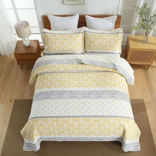 Vista 3 de Edredones Amarillos Tamaño Queen, Juego de Ropa de Cama de Algodón, Edredón Amarillo Gris Blanco, Ropa de Cama Rayada Tamaño Queen, Edredón de Lujo