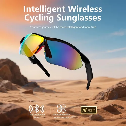 Vista 5 de Gafas de sol polarizadas con Bluetooth, color negro, para hombres y mujeres UV Protection, Open Ear Speakers, Built-in Mic, Sport Smart Glasses