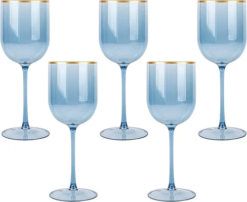 Vista 8 de PLASTICPRO Juego de 5 copas de vino de plástico con borde dorado, elegantes copas de vino de plástico duro en tallo de 12 onzas