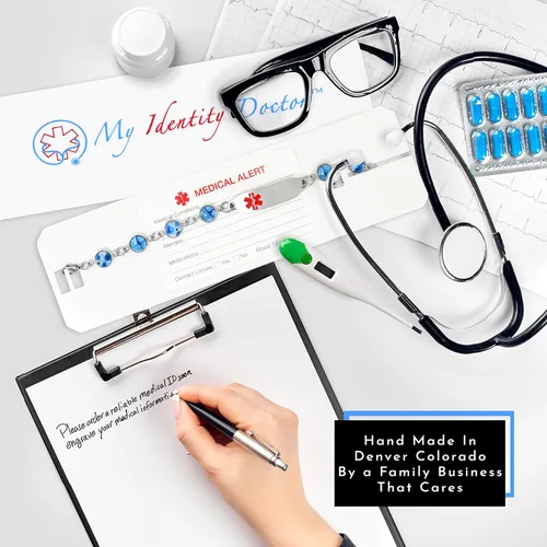 Vista 6 de My Identity Doctor Medical Alert Bracelet for Women with Free Engraving, Blue Glass Stainless Steel Personalized Medic ID Custom Sized Chain - Star