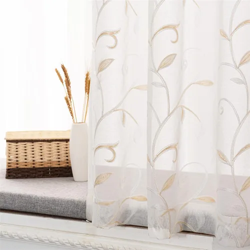 Vista 73 de VISIONTEX 2 paneles de cortinas traslúcidas de 63 in de largo, cortinas de gasa semitransparentes bordadas con hojas florales beige, bolsillo
