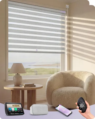 Vista 17 de Graywind Persianas motorizadas de cebra para ventanas, persianas inteligentes 100 % opacas con control remoto, persianas de cebra personalizadas
