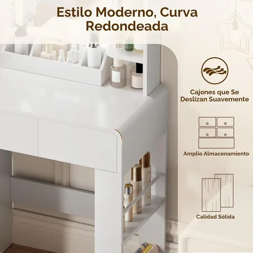 Vista 6 de Escritorio pequeño de maquillaje con espejo y luces, color blanco