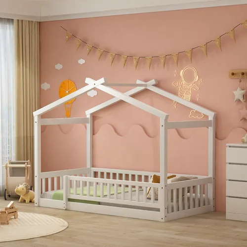 Vista 15 de Cama con dosel con valla, moderna cama de plataforma de madera maciza con cabecera y soporte de listones, moderna cama con paneles de 4 carteles Gris