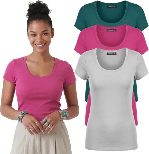 Vista 120 de Emmalise - Camiseta de manga corta para mujer, cuello redondo, estilo básico, pack de valor, tallas junior y grandes