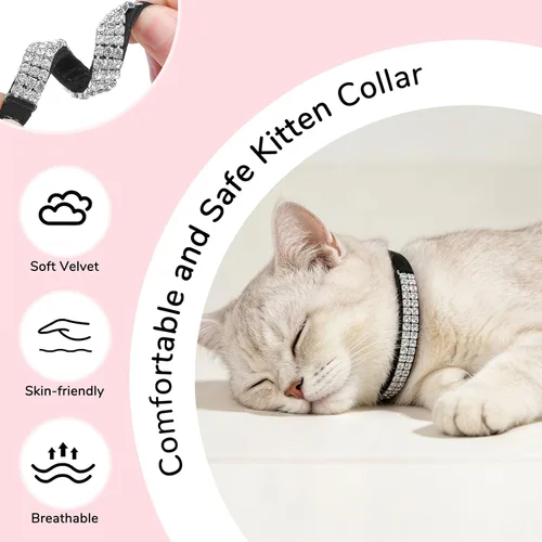 Vista 2 de BINGPET collar ajustable para gatos, de terciopelo suave, seguro, collares Bling diamante con cascabel, Adjustable, Negro Negro