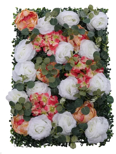 Vista 22 de Paneles de flores artificiales para decoración de pared, 6 piezas de rosas falsas, peonía, eucalipto, telón de fondo de pared de rosas para fiesta 6