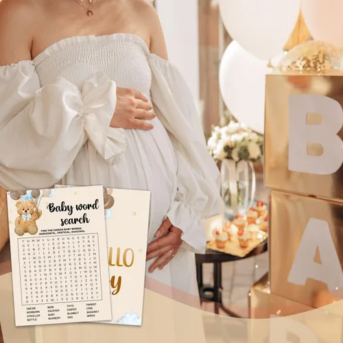 Vista 5 de Juegos de baby shower, búsqueda de palabras para bebés, doble cara, divertidas ideas y suministros para fiesta de bebé para niña o niño. Bonito