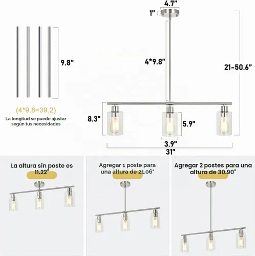 Vista 4 de Lámpara de araña de níquel cepillado de 3 luces, luz colgante de cristal transparente para cocina Plateado