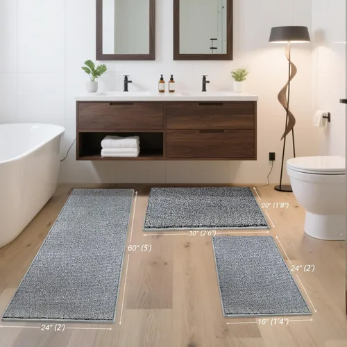 Vista 2 de HDFK Alfombra de baño antideslizante de 24 x 16 pulgadas, 2 tonos, felpilla suave, con respaldo de TPR Absorbencia sólida negro blanco Alfombra