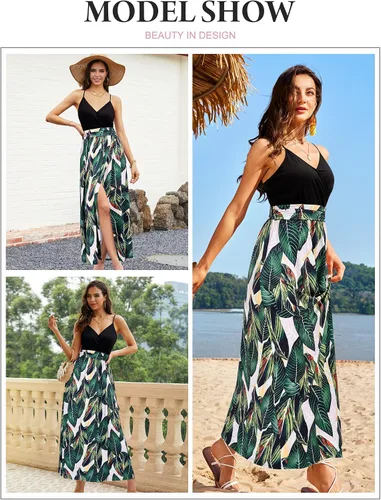 Vista 2 de Newshows - Vestido largo de verano con cuello en V para mujer, con tirantes delgados, sin mangas, con estampado floral, casual y con apertura lateral