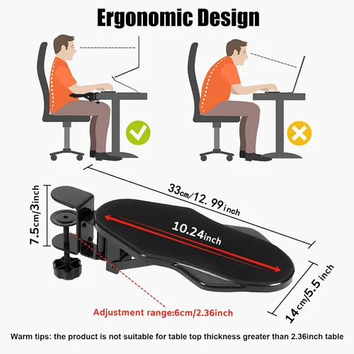 Vista 7 de Reposabrazos de computadora para escritorio, bandeja extensora de escritorio giratoria ajustable de 180°, soporte de brazo de codo plegable de 90°