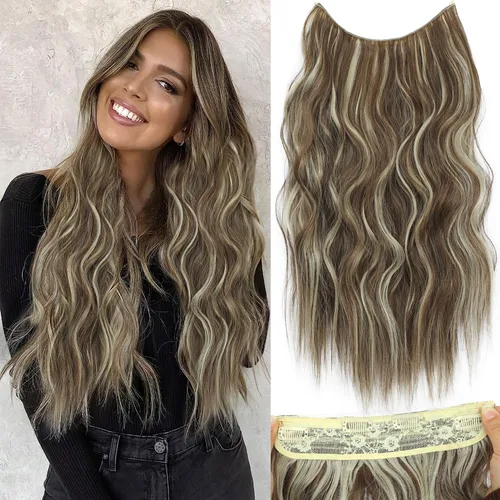 Vista 6 de Extensiones de cabello largo ondulado rubio miel con reflejos, línea de pescado transparente, postizo sintético con 4 clips de seguridad, diadema