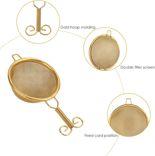 Vista 4 de 2 coladores de té, (colador de té pequeño, colador grande) con un soporte, colador de malla fina de acero inoxidable (dorado)