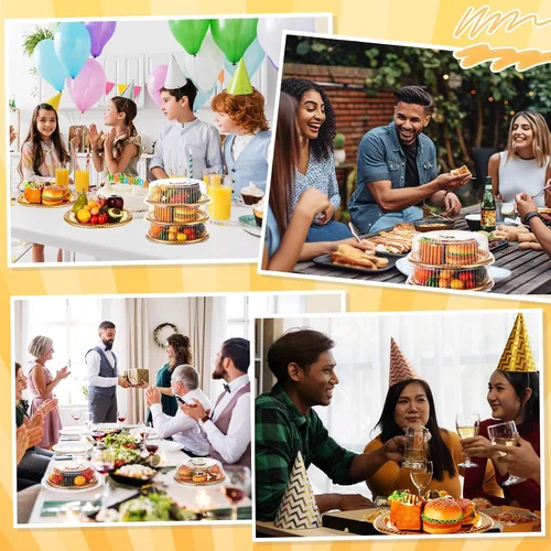 Vista 5 de Nitial 12 Piezas Bandejas de Servicio Resistentes con Tapa Transparente, Bandejas Redondas Elegantes Doradas para Catering Desechables Platos