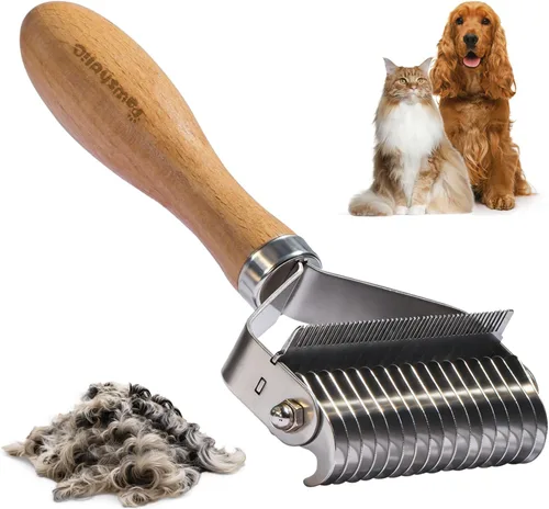 Vista 8 de Rastrillo de capa interior para perros, peine profesional para desenmascarar mascotas con mango de madera, cuchillas de acero inoxidable