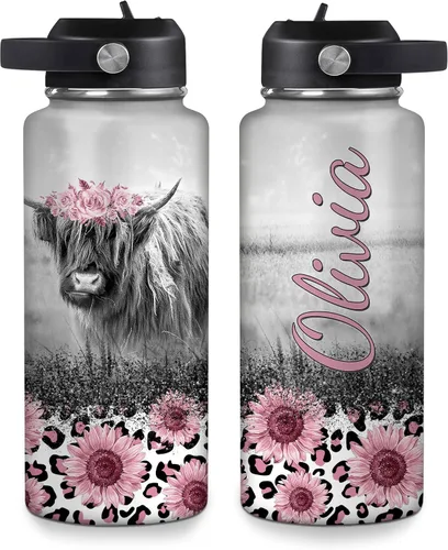 Vista 7 de Hyturtle Botella de agua personalizada de vaca Highland, botella de acero inoxidable aislada con tapa a prueba de fugas, 18 onzas, 32 onzas, regalo