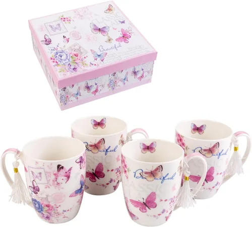 Vista 11 de London Boutique Juego de tazas de café de té, 4 porcelana, pájaro, rosa, mariposa, diseño Shabby Chic en caja de regalo, 11 oz