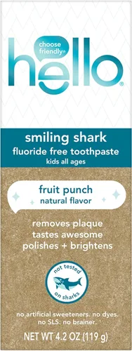 Vista 8 de hello Smiling Shark - Pasta de dientes sin flúor para niños, ponche de fruta natural, tubo de 4.2 onzas Elimina la placa, pule, blanquea, sabe