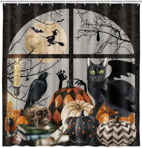 Vista 4 de Cortina de ducha de Halloween, espeluznante calabaza negra, gato negro, juego de cortina de ducha de esqueleto gótico, calavera de terror