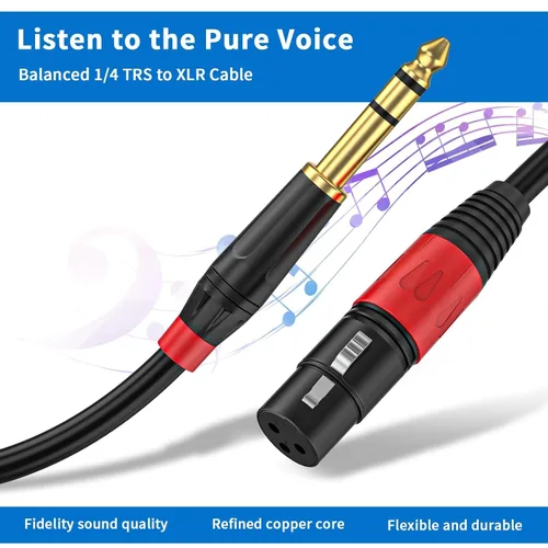 Vista 4 de Pack de 2 Cables XLR Hembra a 1/4 Pulgada 6,35 mm TRS Mono Jack para Micrófono Dinámico, 1,6 Pies, Negro, Cable de Micrófono XLR Hembra Equilibrado
