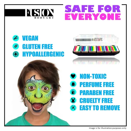 Vista 6 de FUSION BODY ART Paleta profesional de pintura facial – sirenas y unicornios Kit de pintura facial de maquillaje seguro no tóxico para niños