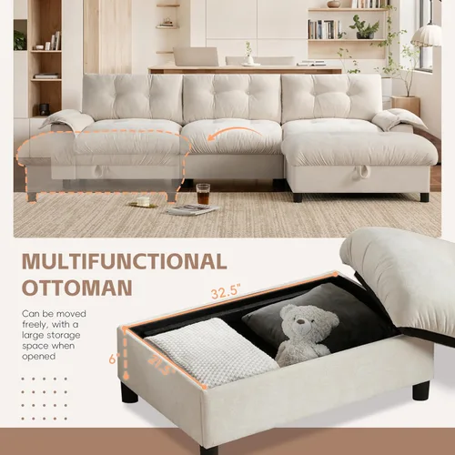 Vista 64 de Sofá modular moderno en forma de U de 115 pulgadas, juego de sofás tapizados grandes con asiento de almacenamiento, sofá cama convertible con diván