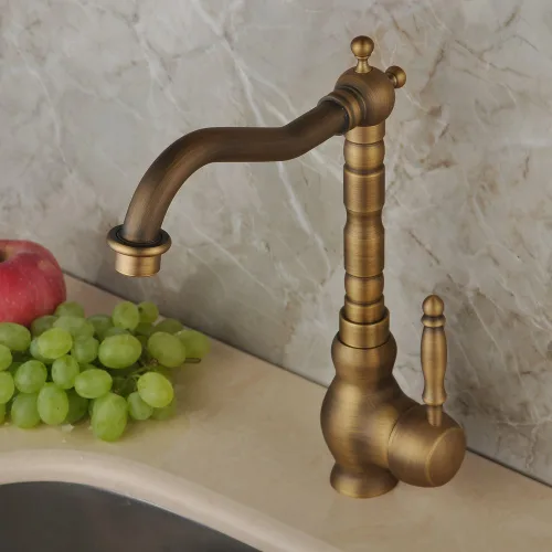 Vista 3 de Hiendure Latón antiguo diseñador único accesorios de fontanería de un solo agujero curva larga caño cocina grifo baño mezclador grifos