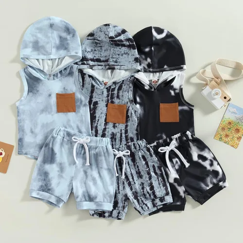 Vista 7 de JLKGICF Conjunto de ropa de verano para bebés y niños pequeños, a rayas, lisos, teñido anudado, sin mangas, con bolsillo, sudadera con cordón