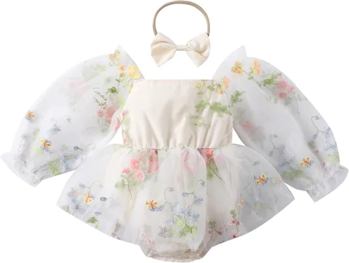 Vista 14 de IDOPIP Conjunto de 2 piezas para bebé recién nacido, con diadema, bordado de flores, tutú, princesa, fiesta de cumpleaños, conjunto de ropa