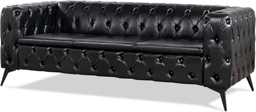 Vista 9 de Sofás negros para sala de estar, moderno sofá Chesterfield copetudo, asiento profundo, cómodo sofá de piel sintética, brazos enrollados plisados
