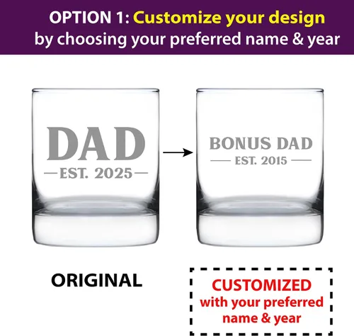 Vista 2 de Dad Est 20XX personalizado – Nuevo padre whisky rocas regalo de cristal para padres primerizos – Gafas personalizadas atrevidas de 10.25 onzas