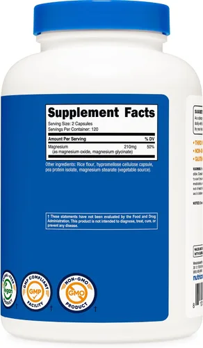 Vista 5 de Nutricost Magnesio + fuerza regular (210 mg, 240 cápsulas) – 120 porciones, fabricado con glicinato de magnesio y óxido, sin OMG, sin gluten y apto