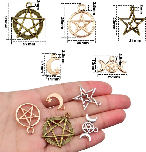 Vista 3 de 70 dijes mixtos de estrella de pentáculo, luna, pentagrama, bruja, colgantes, protección de aleación vintage, dijes de la suerte para bricolaje