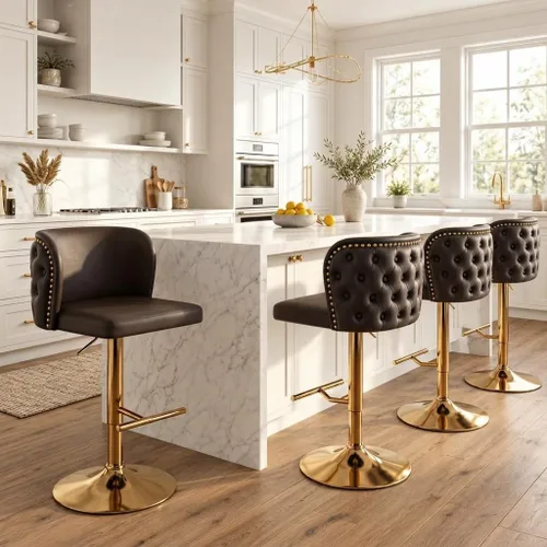 Vista 13 de Juego de 2 taburetes de bar giratorios modernos con altura de mostrador, sillas de bar ajustables de piel sintética capitoné de 25"-33", taburetes