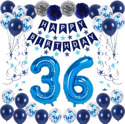 Vista 17 de Decoraciones de fiesta de cumpleaños azul número 29 para hombres y mujeres, suministros de globos de feliz cumpleaños 29 con pancarta de feliz